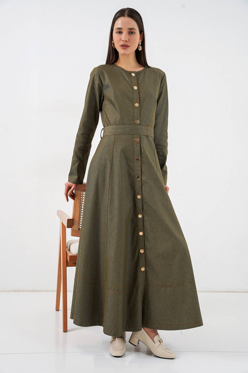 Kadın Kuşaklı Uzun Denim Elbise 2595 - Haki - BİGDART