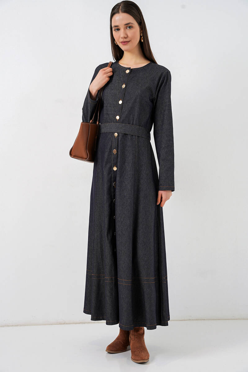 Kadın Kuşaklı Uzun Denim Elbise 2595 - Lacivert - BİGDART
