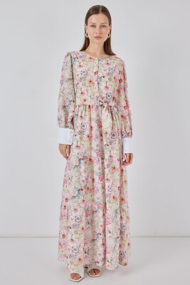 Kadın Kuşaklı Uzun Elbise 2584 - Pembe 