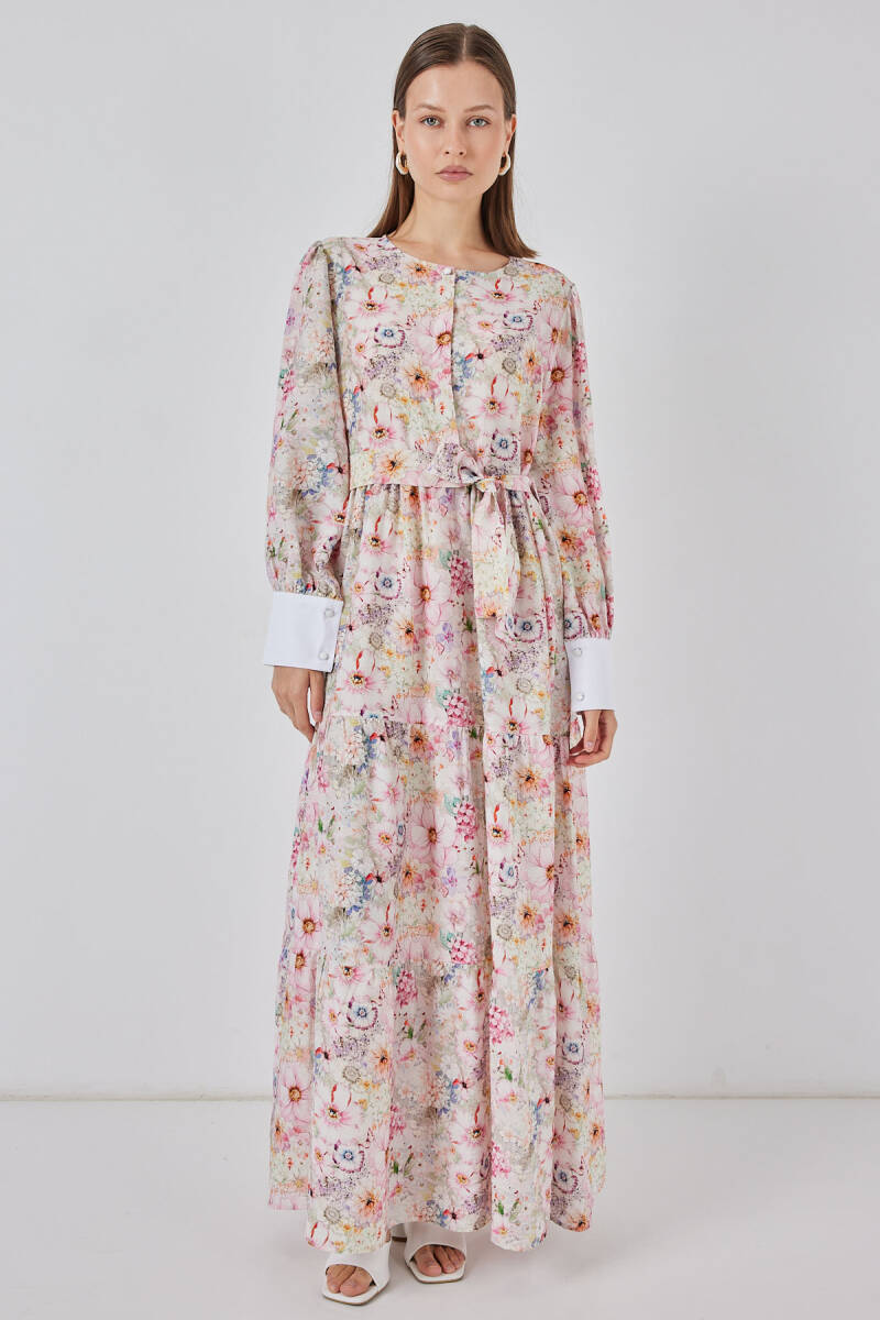 Kadın Kuşaklı Uzun Elbise 2584 - Pembe - BİGDART