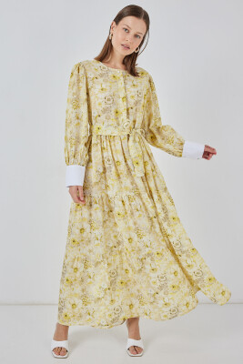 Kadın Kuşaklı Uzun Elbise 2584 - Sarı 