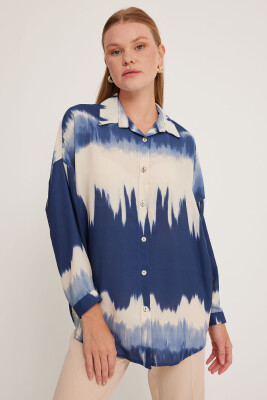 Kadın Lacivert Krem Desenli Oversize Gömlek 5923 - 3