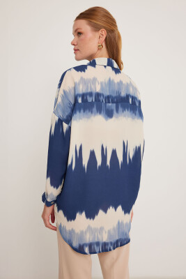 Kadın Lacivert Krem Desenli Oversize Gömlek 5923 - 5