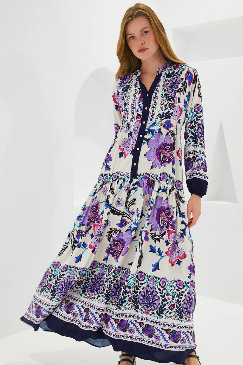 Kadın Lacivert Mor Viskon Tesettür Elbise 2423 - BİGDART