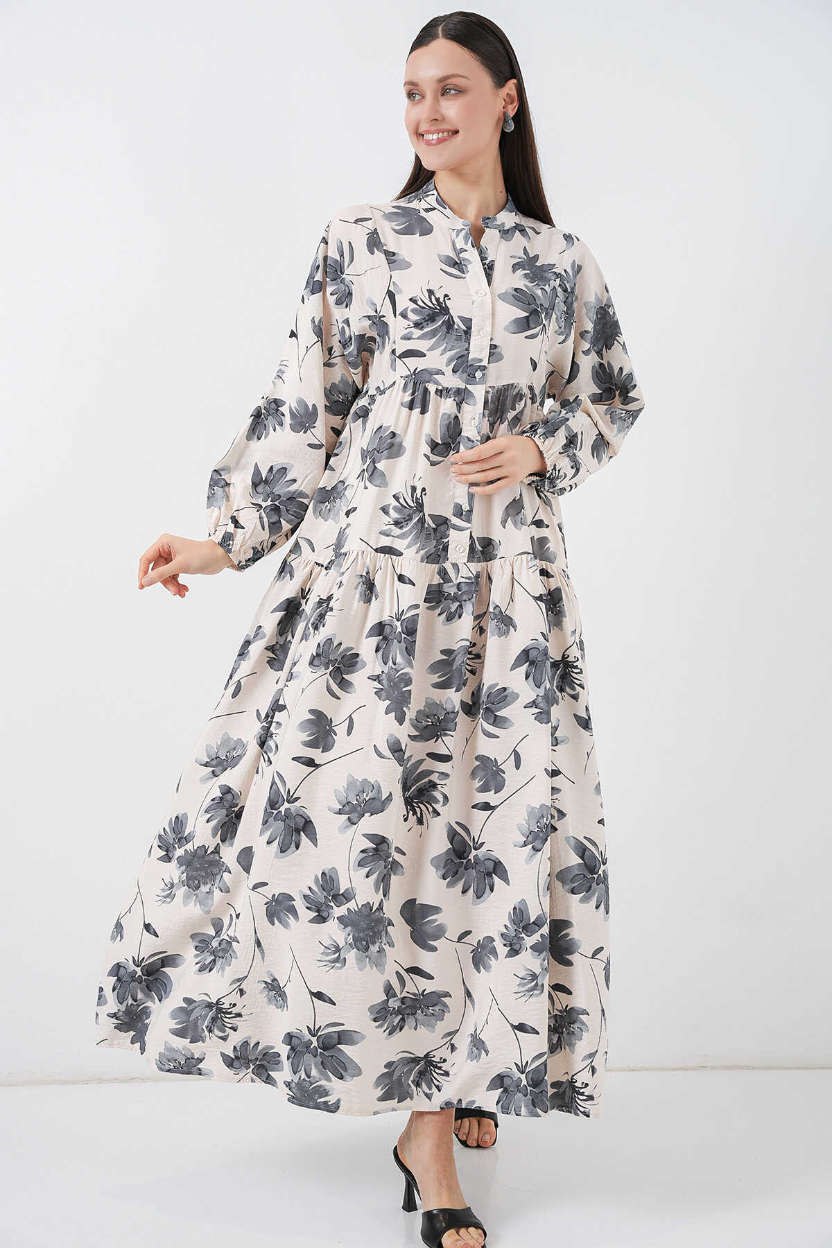 Kadın Lilyum Kumaş Uzun Tesettür Elbise 2593 - Gri - BİGDART