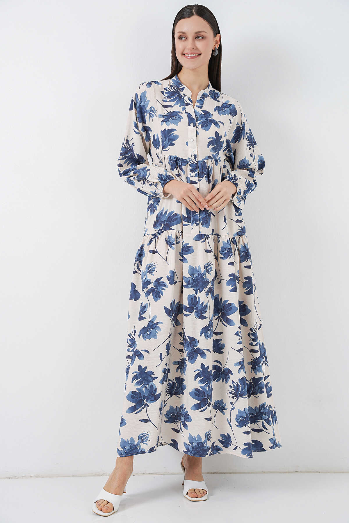 Kadın Lilyum Kumaş Uzun Tesettür Elbise 2593 - İndigo - BİGDART