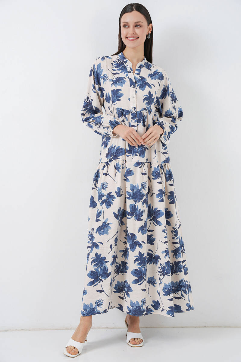 Kadın Lilyum Kumaş Uzun Tesettür Elbise 2593 - İndigo - BİGDART