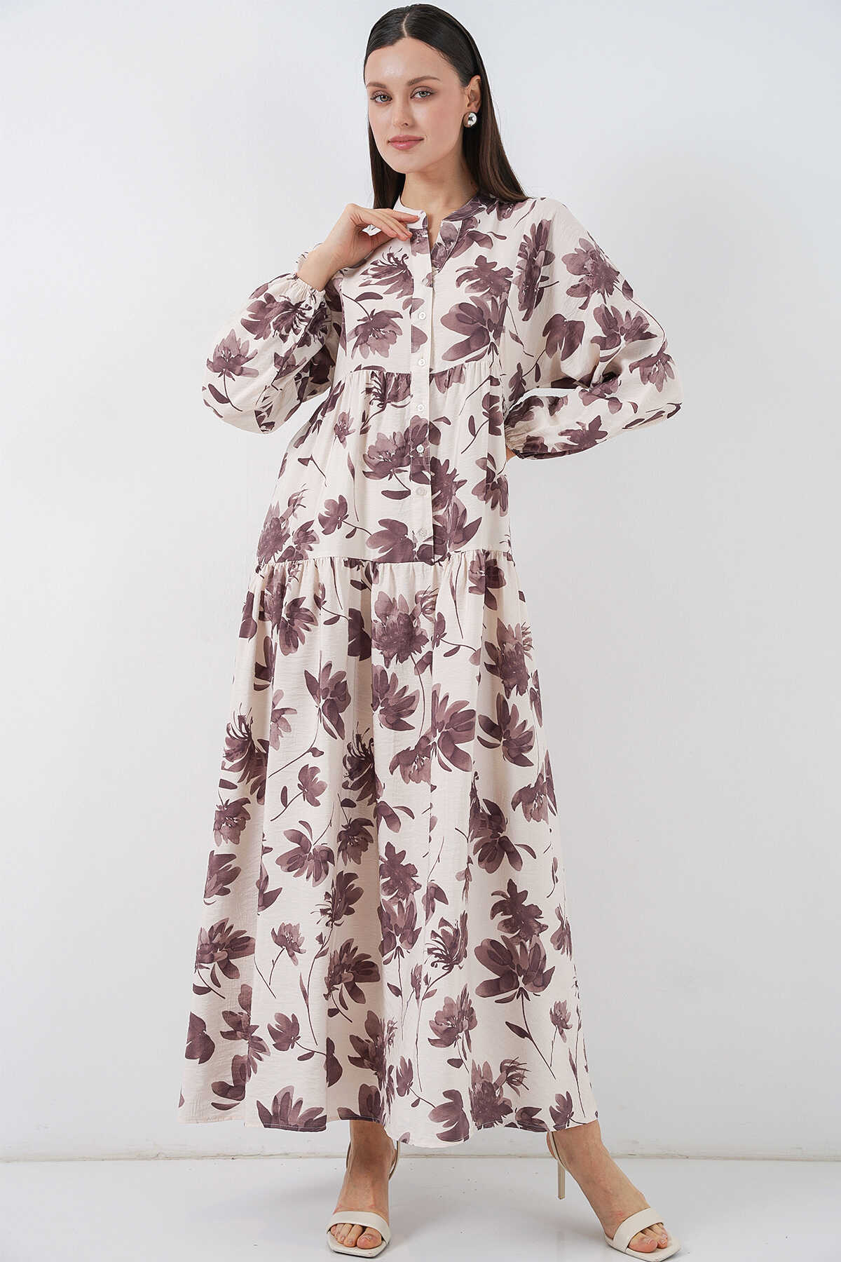 Kadın Lilyum Kumaş Uzun Tesettür Elbise 2593 - Kahverengi - BİGDART