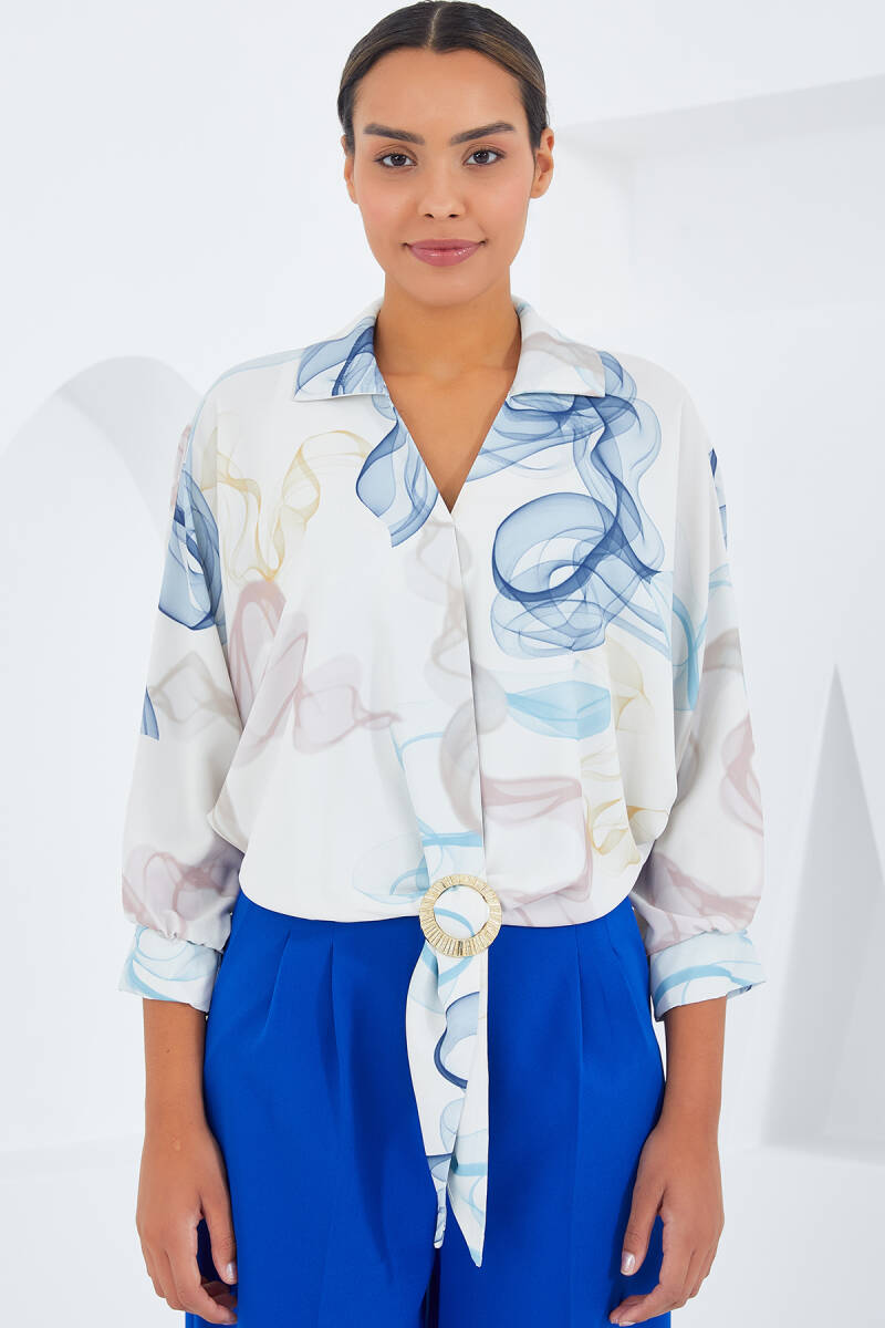 Kadın Oversize Dökümlü Crop Saten Gömlek 906 - Mavi - BİGDART