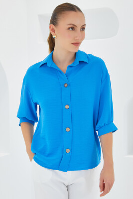 Kadın Mavi Kısa Kol Oversize Keten Gömlek 20240 