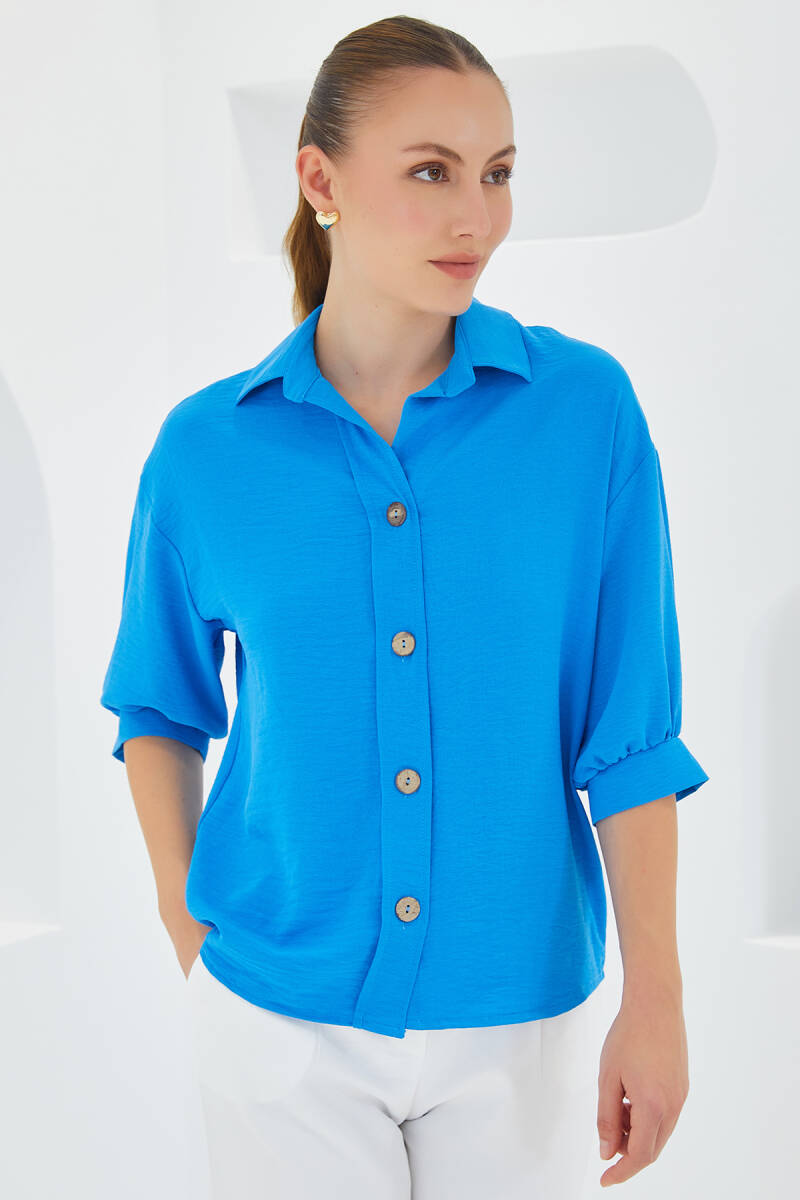 Kadın Mavi Kısa Kol Oversize Keten Gömlek 20240 - BİGDART
