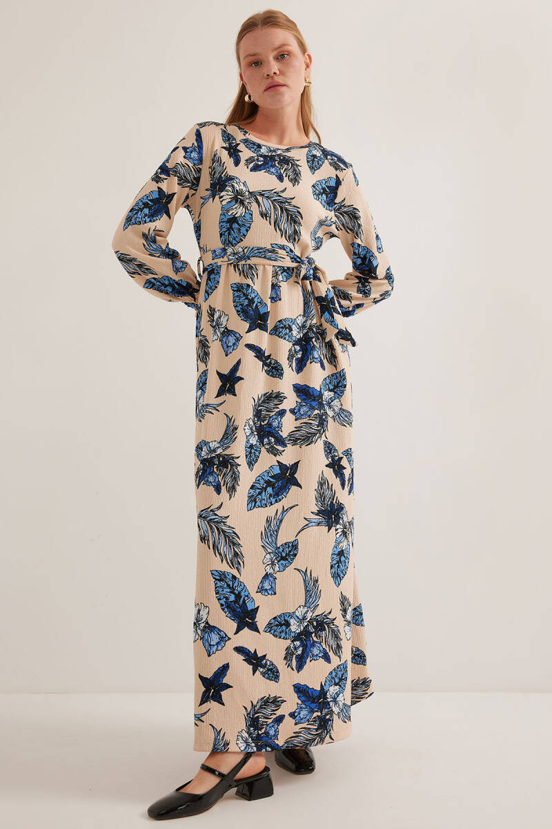 Kadın Mavi Krem Desenli Örme Tesettür Elbise 1525 - BİGDART