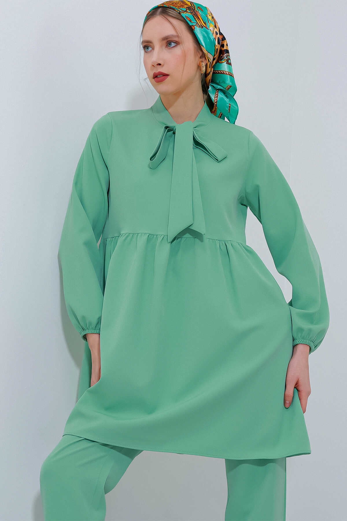 Kadın Mint Örme Pantolon Tunik Alt Üst Takım 6654 - 1