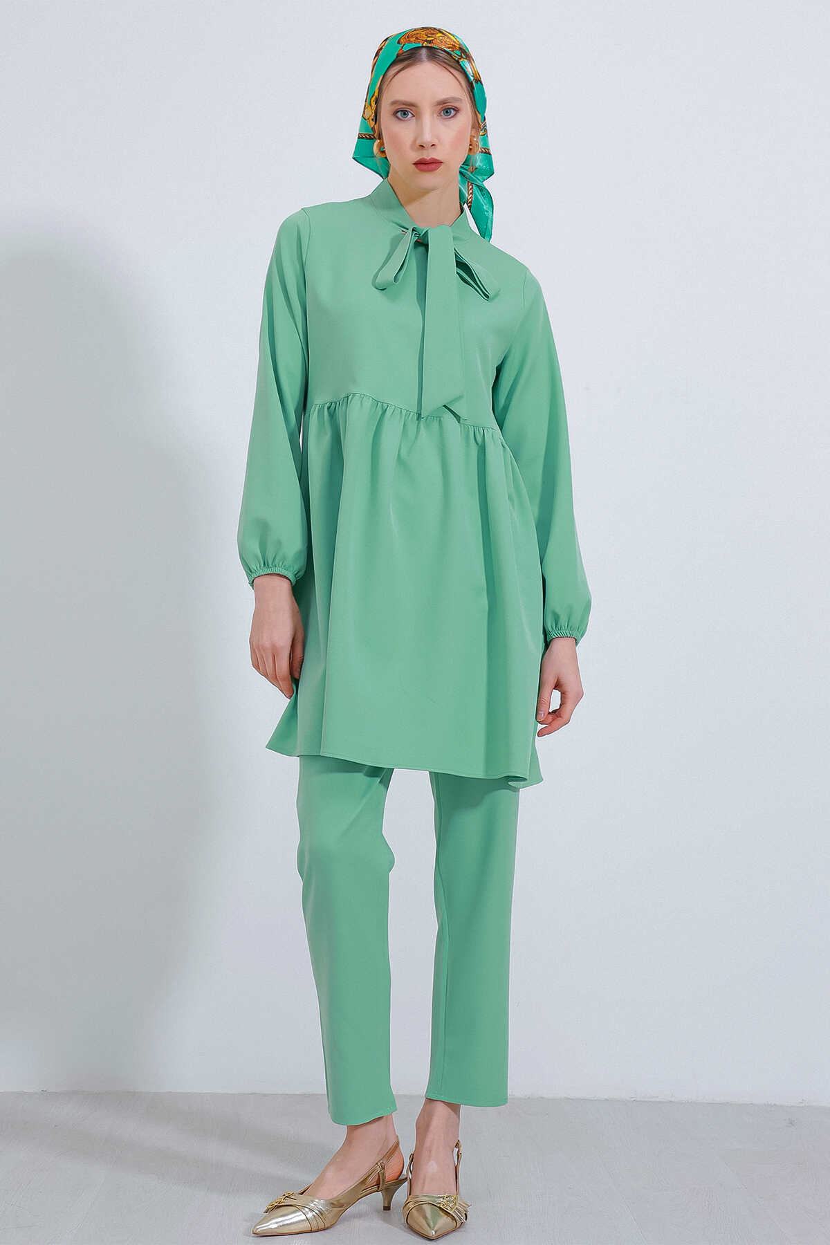 Kadın Mint Örme Pantolon Tunik Alt Üst Takım 6654 - 2