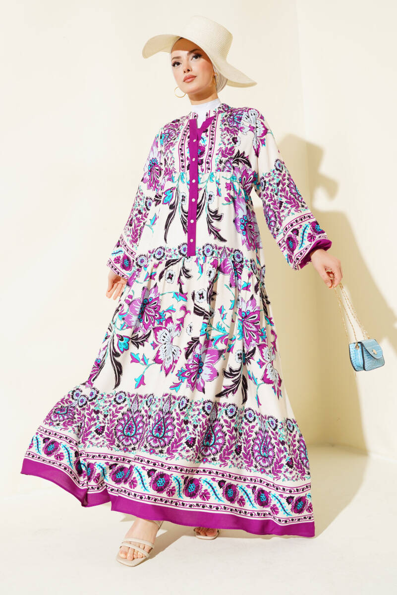 Kadın Mürdüm Krem Viskon Tesettür Elbise 2423 - BİGDART