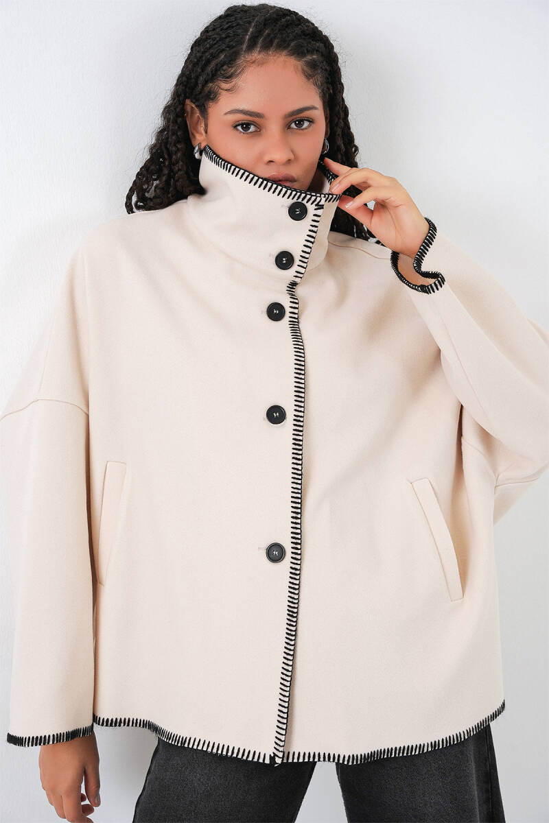 Kadın Nakışlı Kaşe Ceket 9167 - Ekru - BİGDART