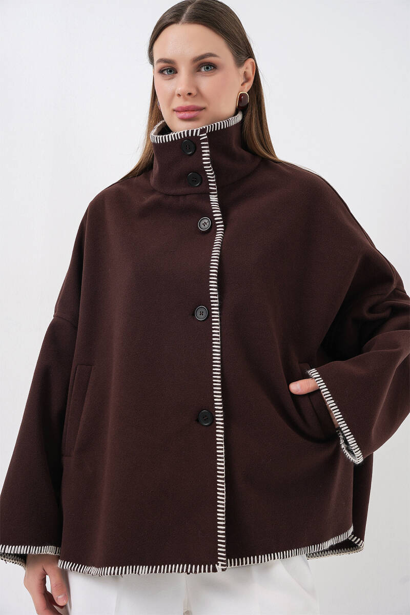 Kadın Nakışlı Kaşe Ceket 9167 - Kahverengi - BİGDART