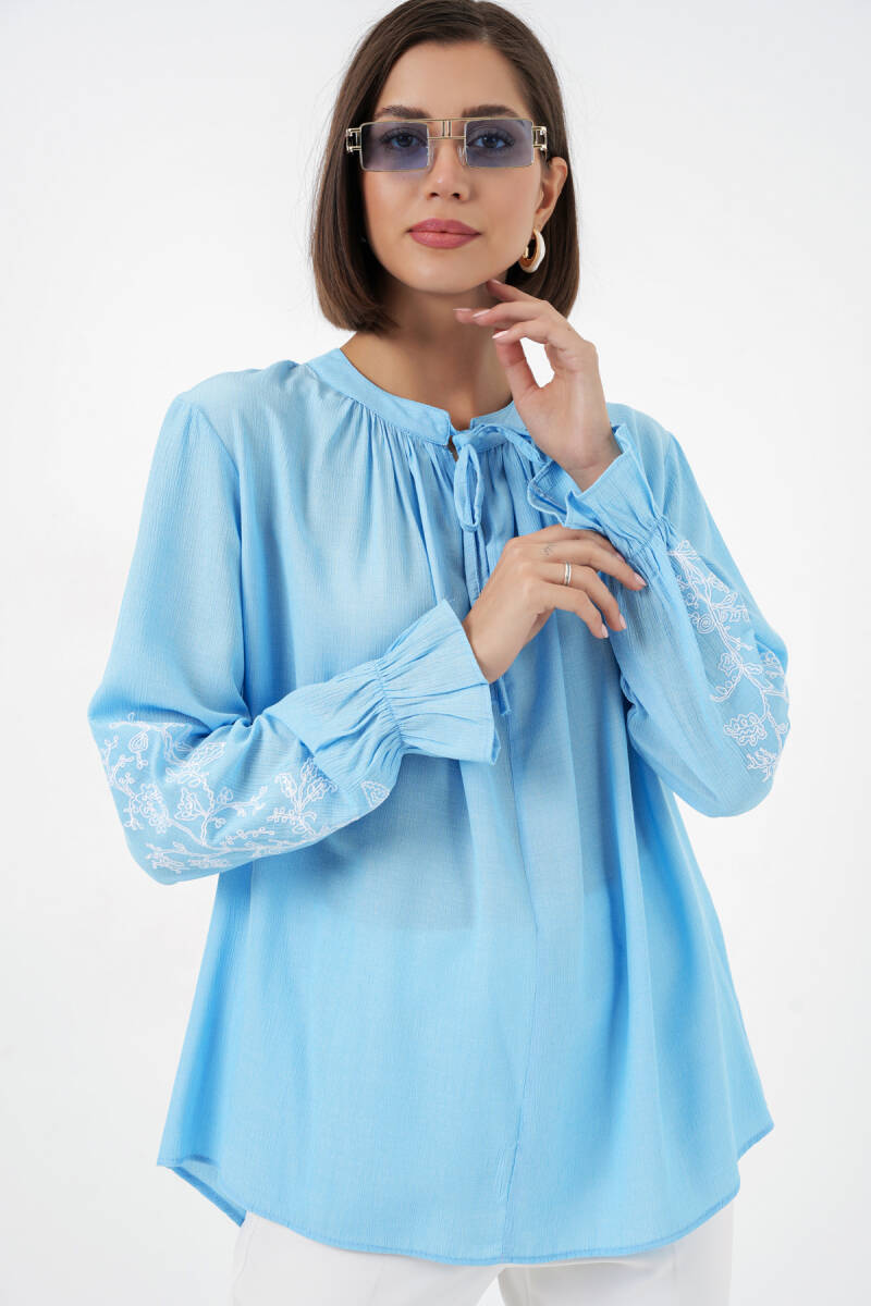 Kadın Nakışlı Örme Bluz 941 - Mavi - BİGDART