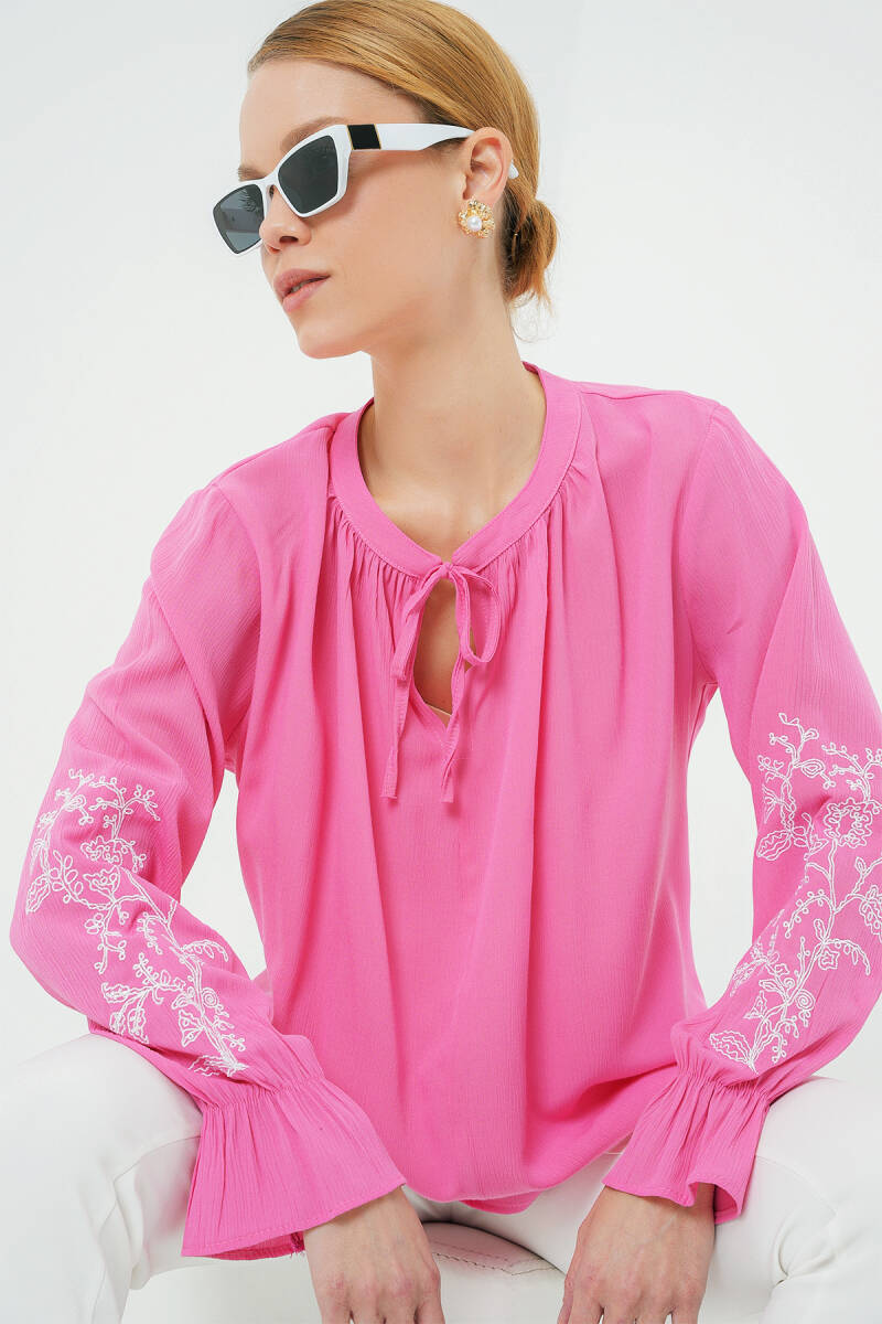 Kadın Nakışlı Örme Bluz 941 - Pembe - BİGDART