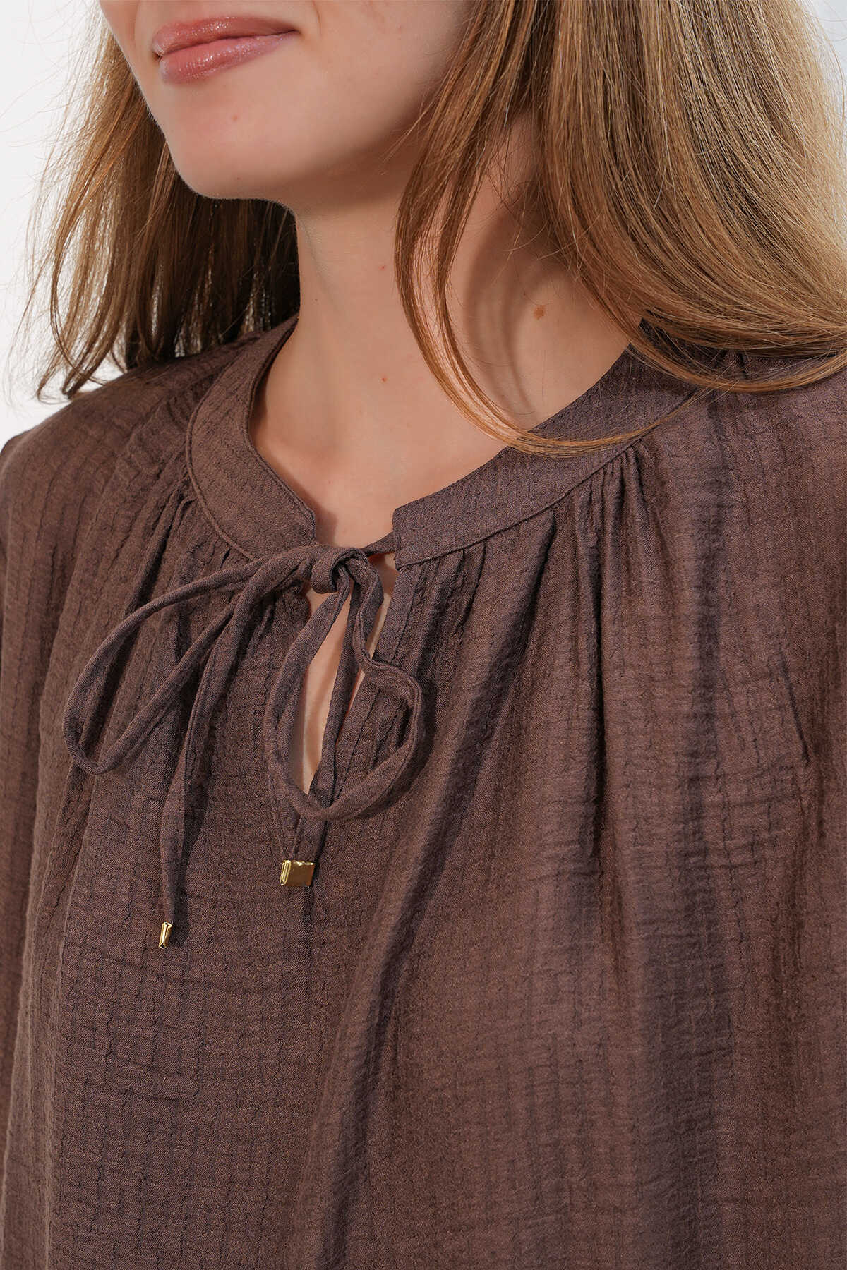 Kadın Nakışlı Oversize Bluz 1000 - Kahverengi - 5