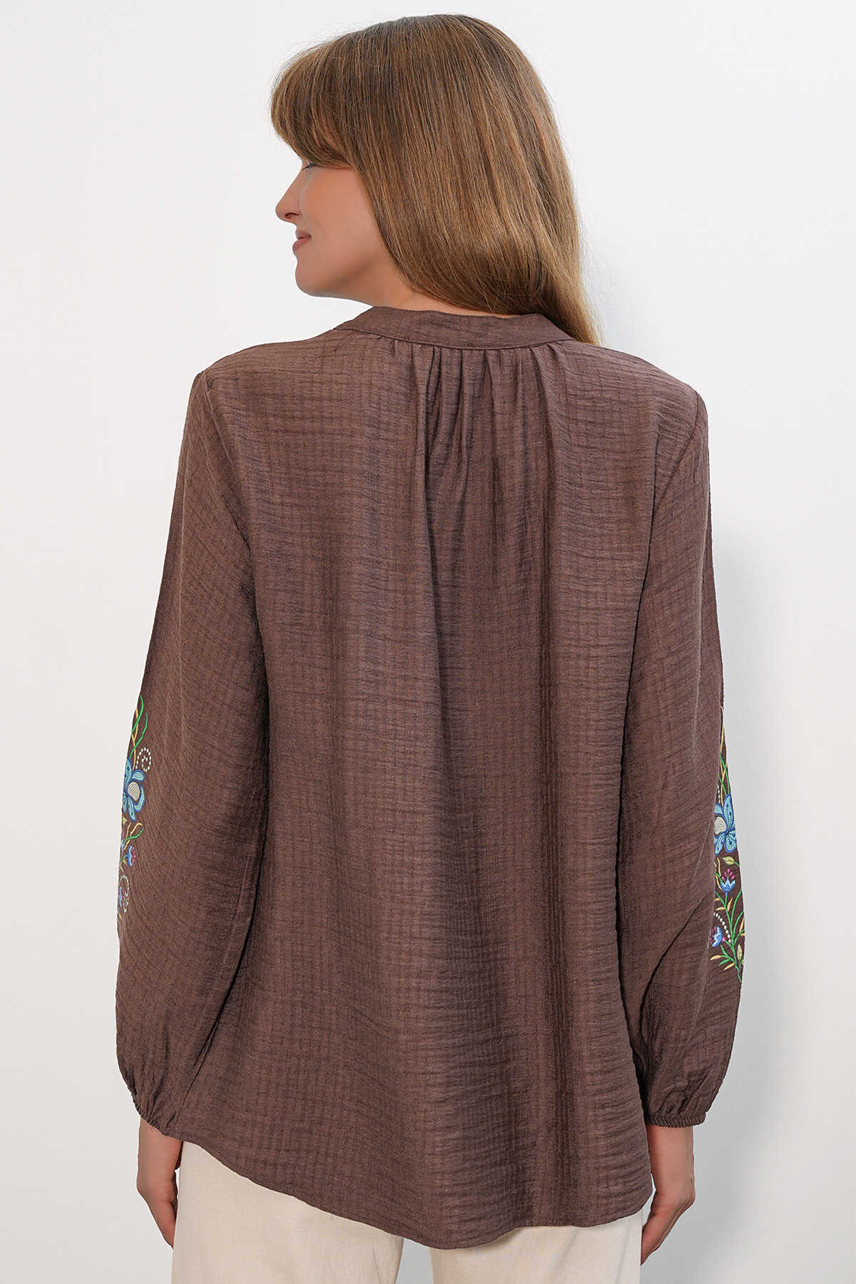 Kadın Nakışlı Oversize Bluz 1000 - Kahverengi - 6