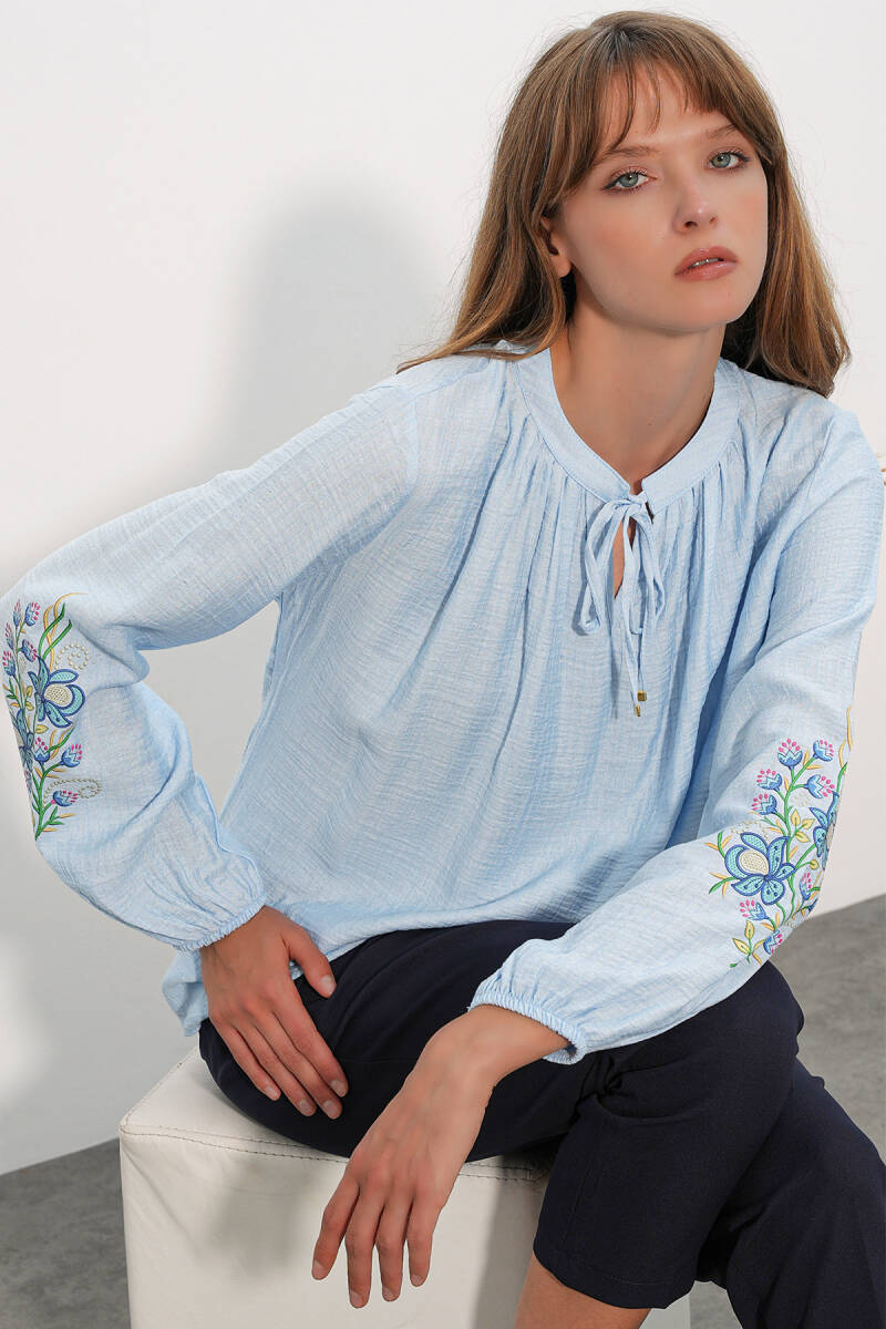 Kadın Nakışlı Oversize Bluz 1000 - Mavi - BİGDART