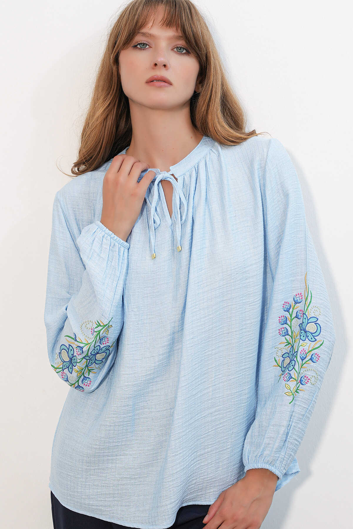 Kadın Nakışlı Oversize Bluz 1000 - Mavi - 3