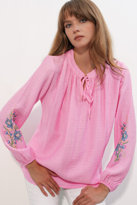 Kadın Nakışlı Oversize Bluz 1000 - Pembe - BİGDART