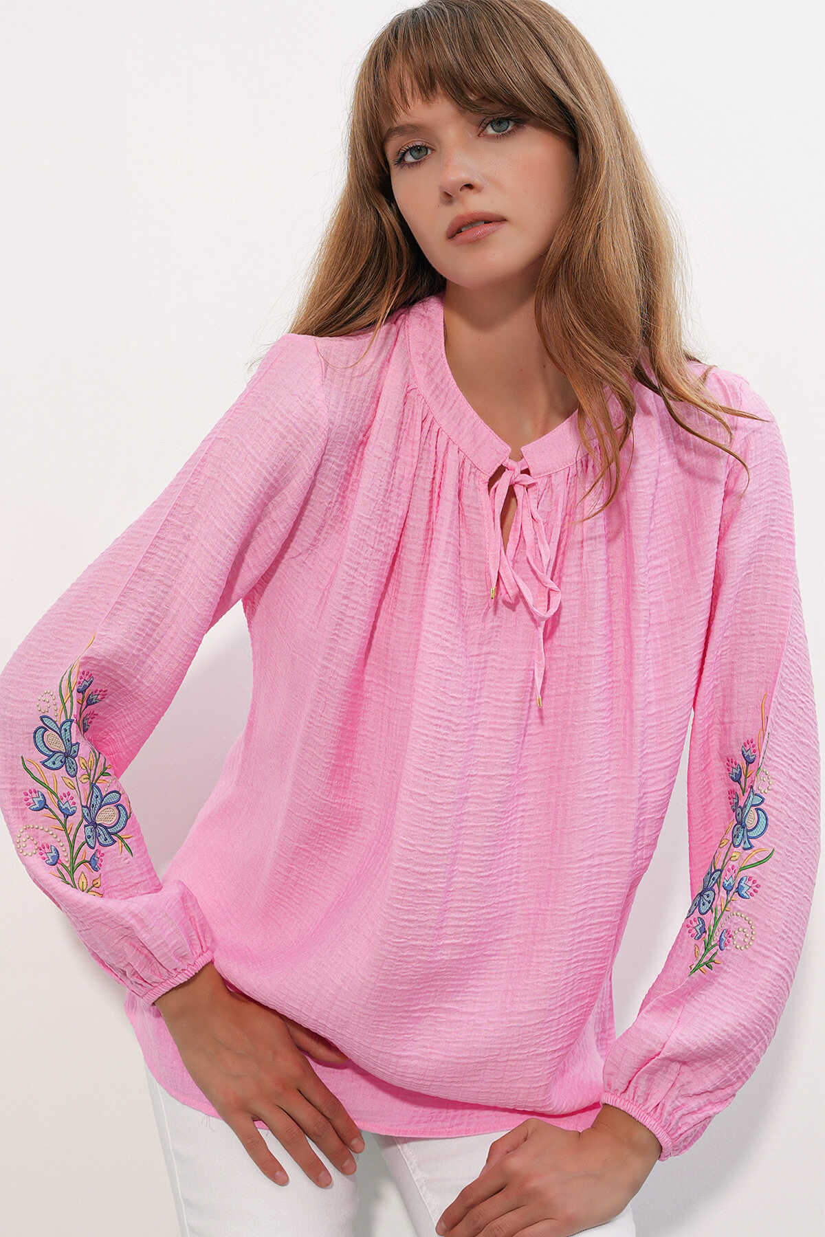 Kadın Nakışlı Oversize Bluz 1000 - Pembe - 1