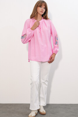 Kadın Nakışlı Oversize Bluz 1000 - Pembe - 2