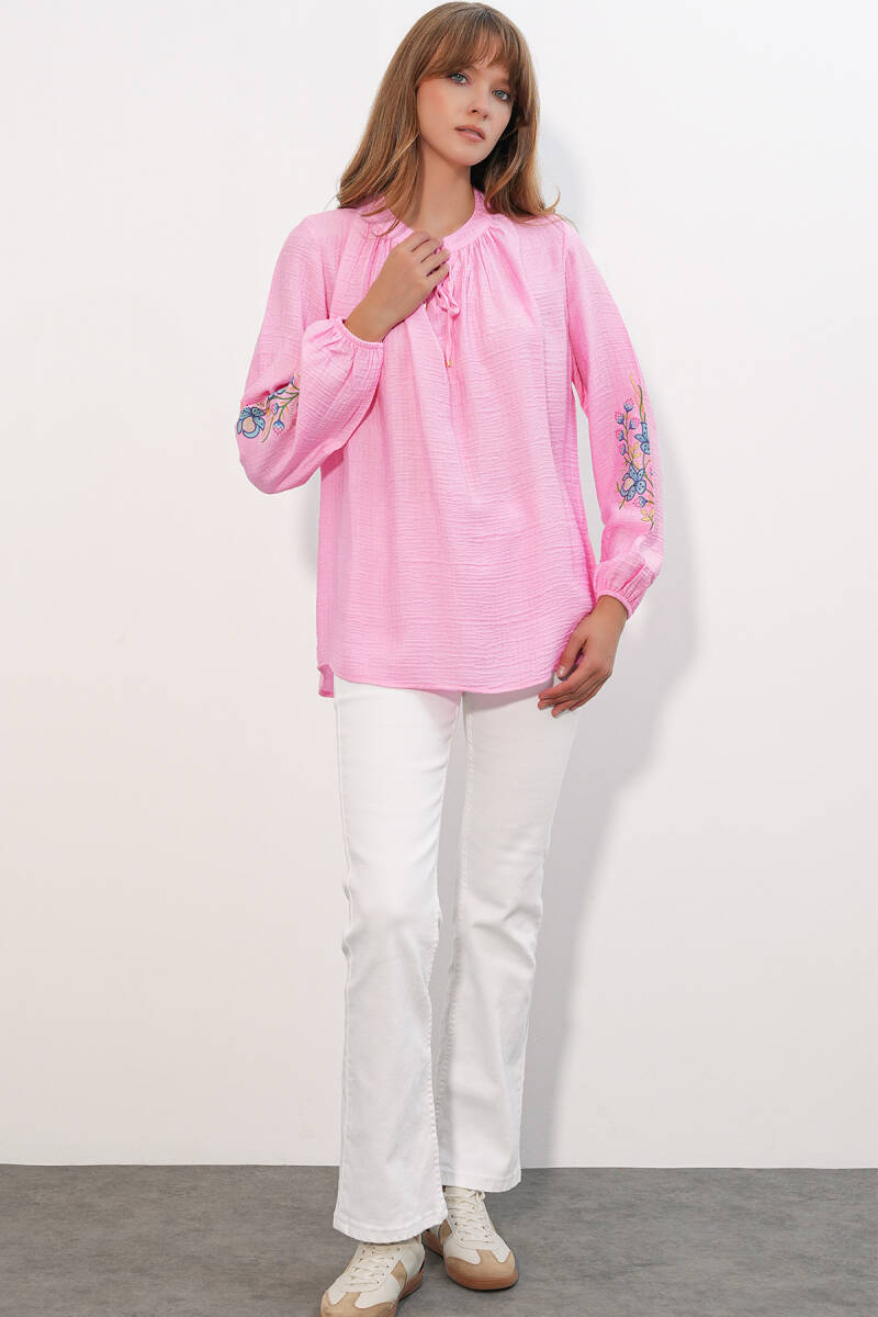 Kadın Nakışlı Oversize Bluz 1000 - Pembe (1)