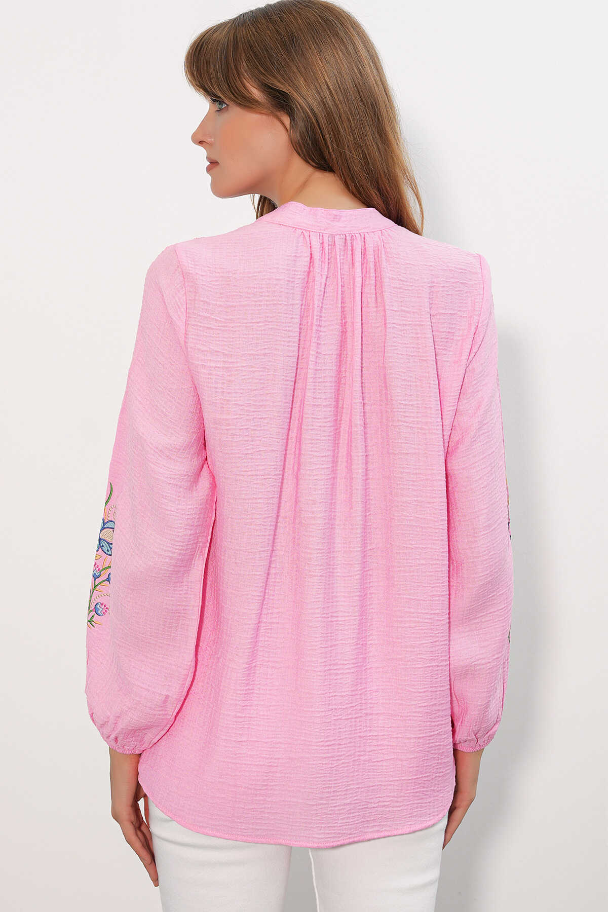 Kadın Nakışlı Oversize Bluz 1000 - Pembe - 6