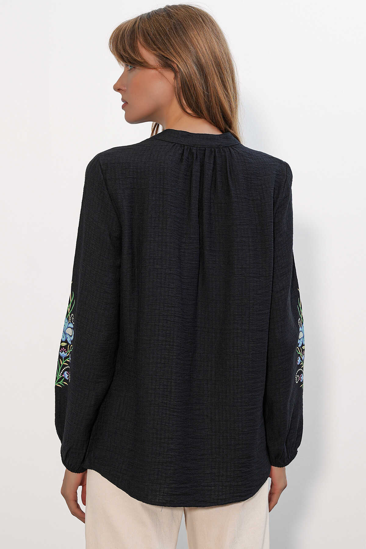 Kadın Nakışlı Oversize Bluz 1000 - Siyah - 6