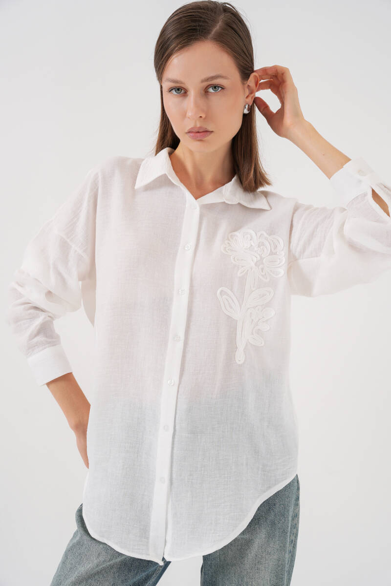 Kadın Nakışlı Oversize Gömlek 20338 - Beyaz - BİGDART