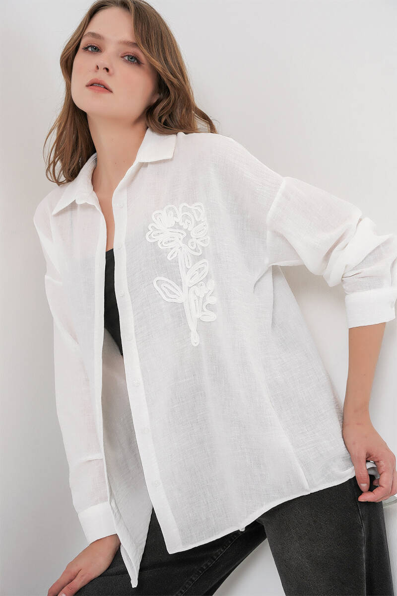 Kadın Oversize Keten Gömlek 20338 - Beyaz - BİGDART