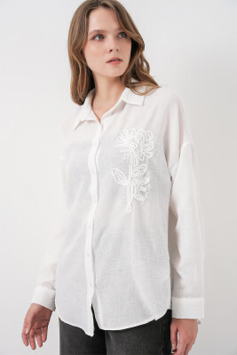 Kadın Oversize Keten Gömlek 20338 - Beyaz - 3