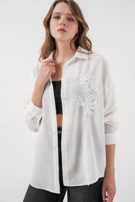 Kadın Oversize Keten Gömlek 20338 - Beyaz - 4