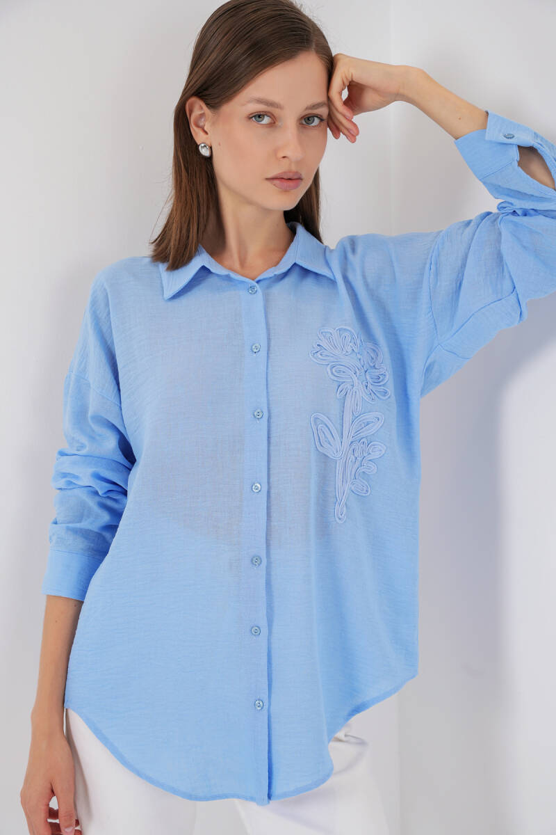Kadın Nakışlı Oversize Gömlek 20338 - Mavi - BİGDART
