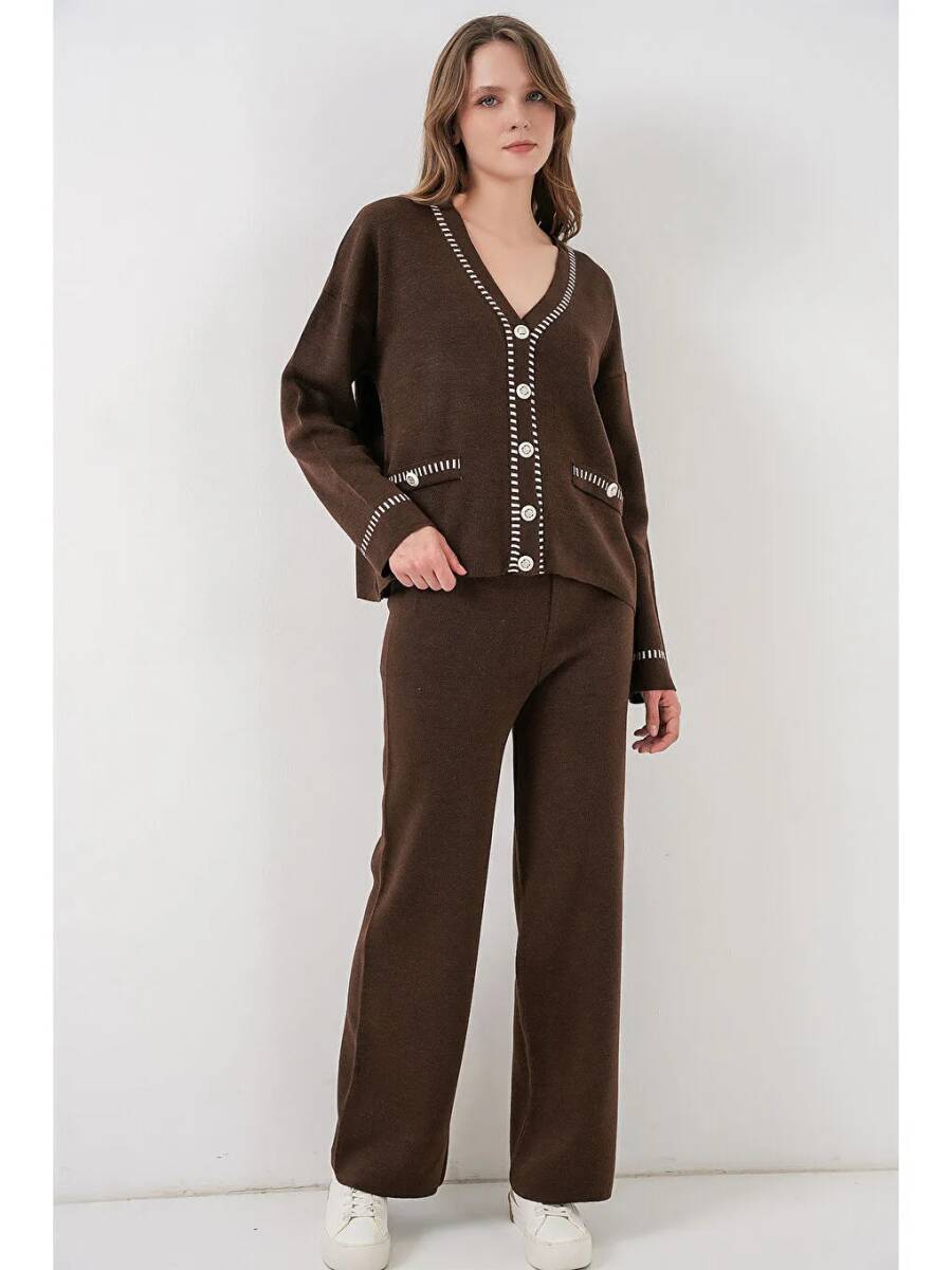 Kadın Nakışlı Triko Hırka Pantolon İkili Takım 15963 - Kahverengi - BİGDART