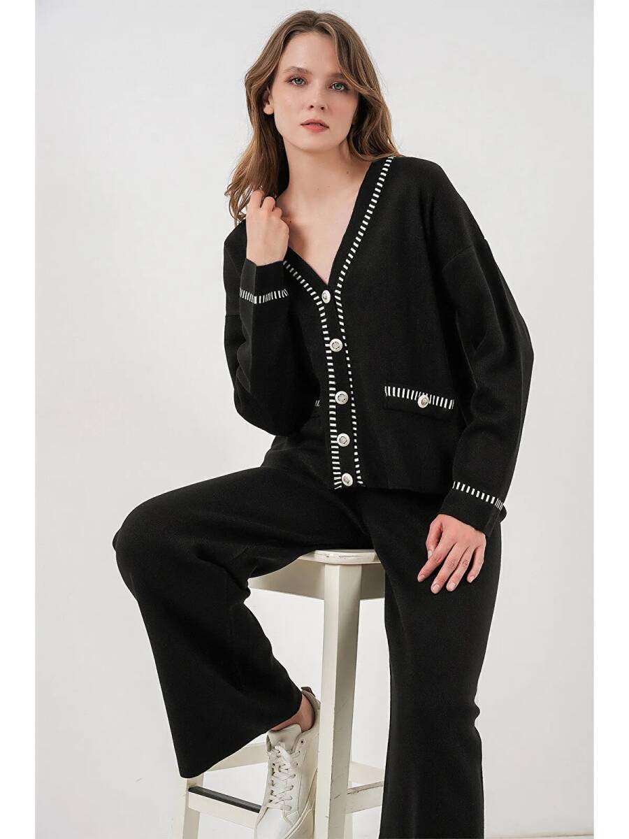 Kadın Nakışlı Triko Hırka Pantolon İkili Takım 15963 - Siyah - BİGDART