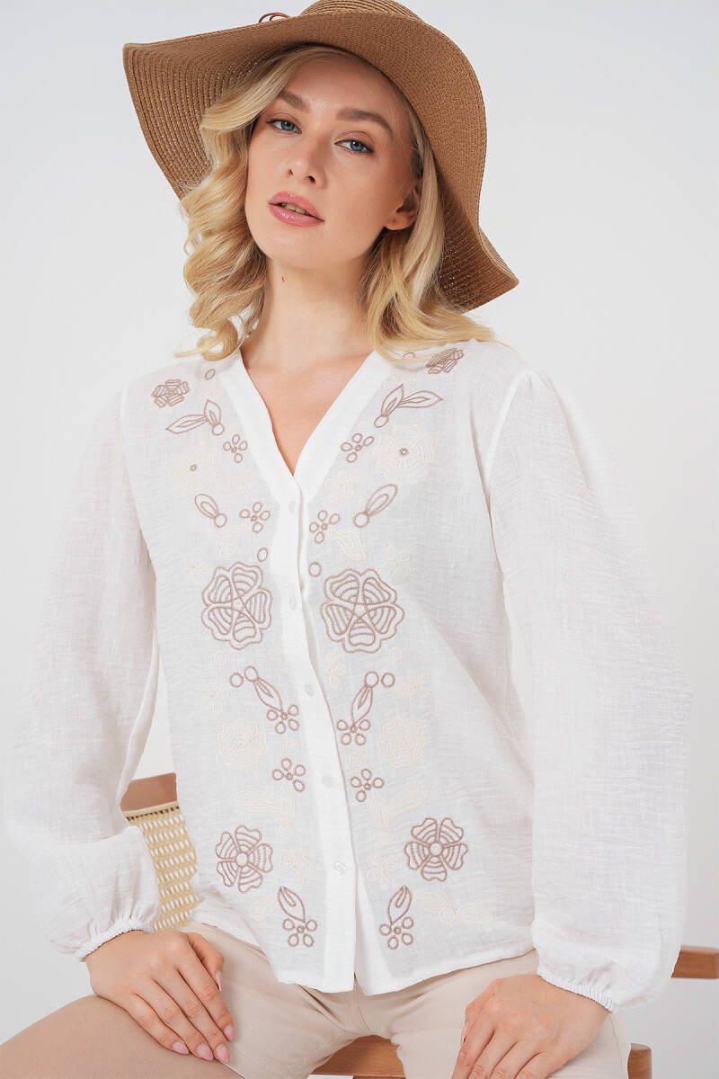 Kadın Nakışlı Uzun Kol Bluz 963 - Kahverengi - BİGDART