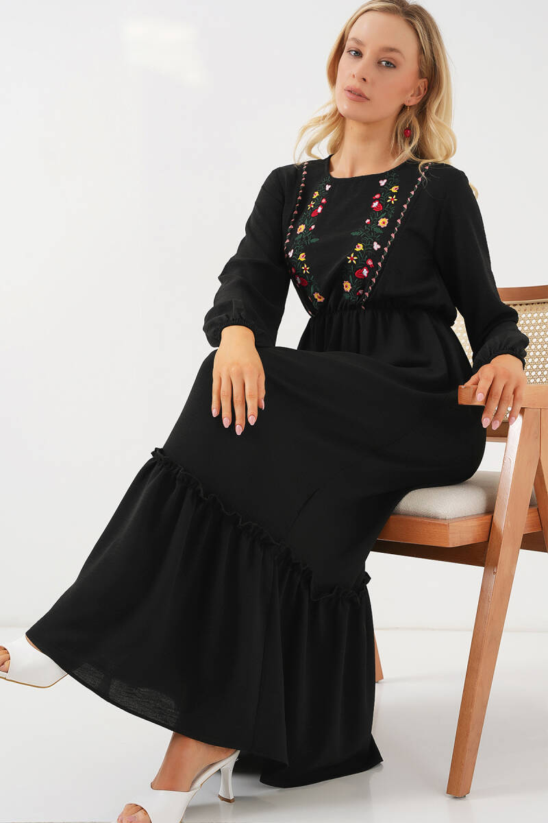 Kadın Nakışlı Uzun Tesettür Elbise 2550 - Siyah (1)