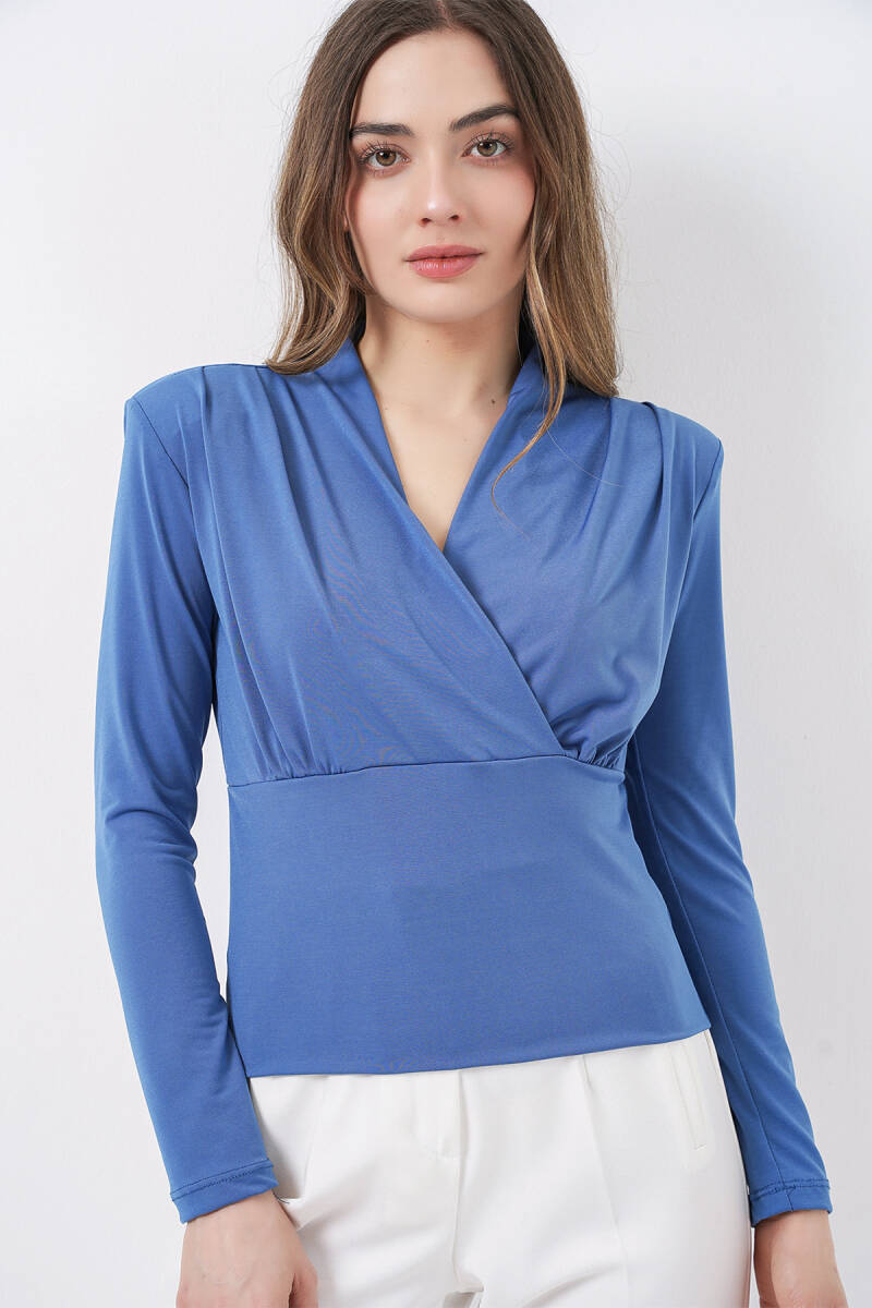 Kadın Omuz Vatkalı Kruvaze Yaka Bluz 942 - İndigo - BİGDART