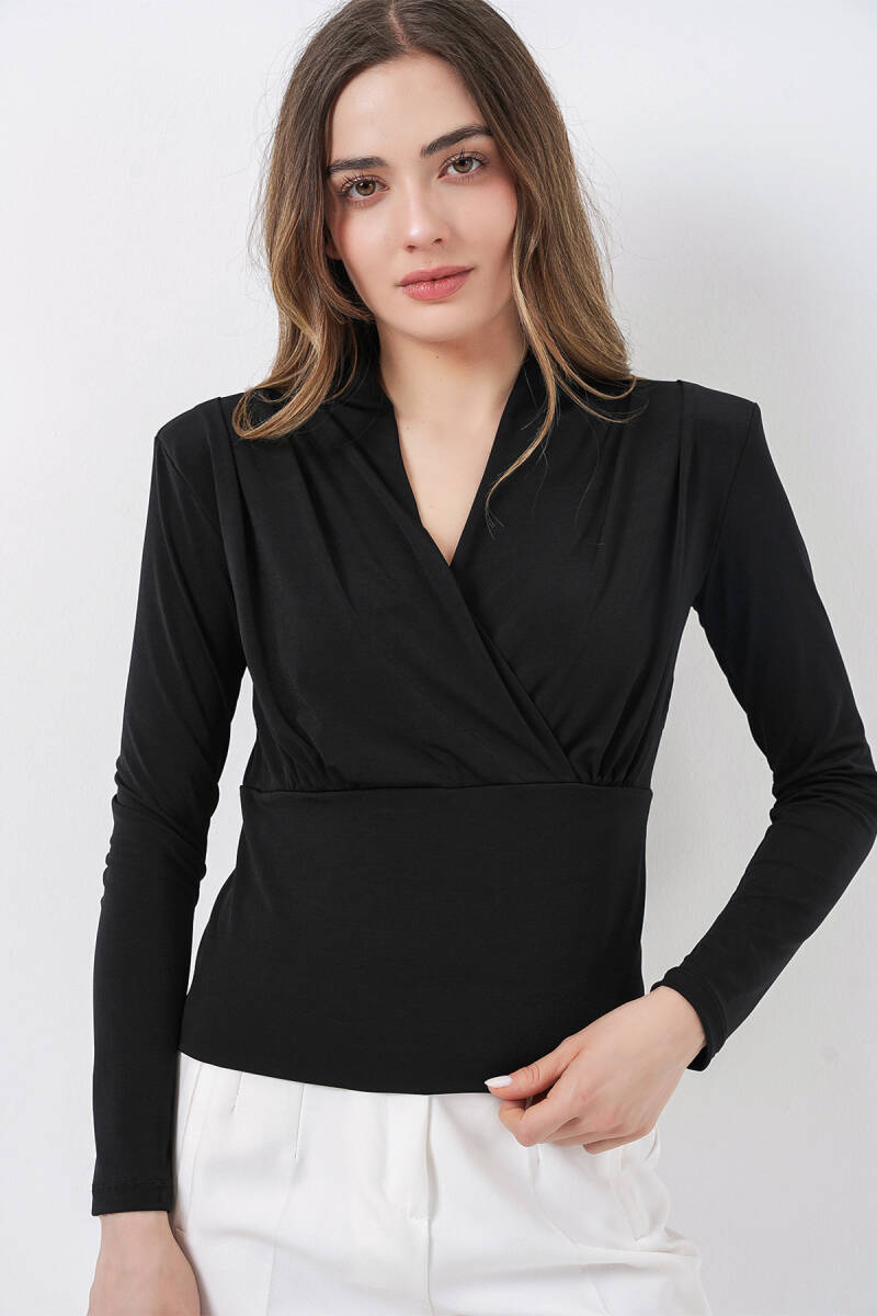 Kadın Omuz Vatkalı Kruvaze Yaka Bluz 942 - Siyah - BİGDART
