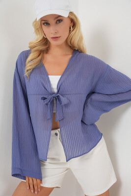 Kadın Önü Bağcıklı Bluz 952 - İndigo 