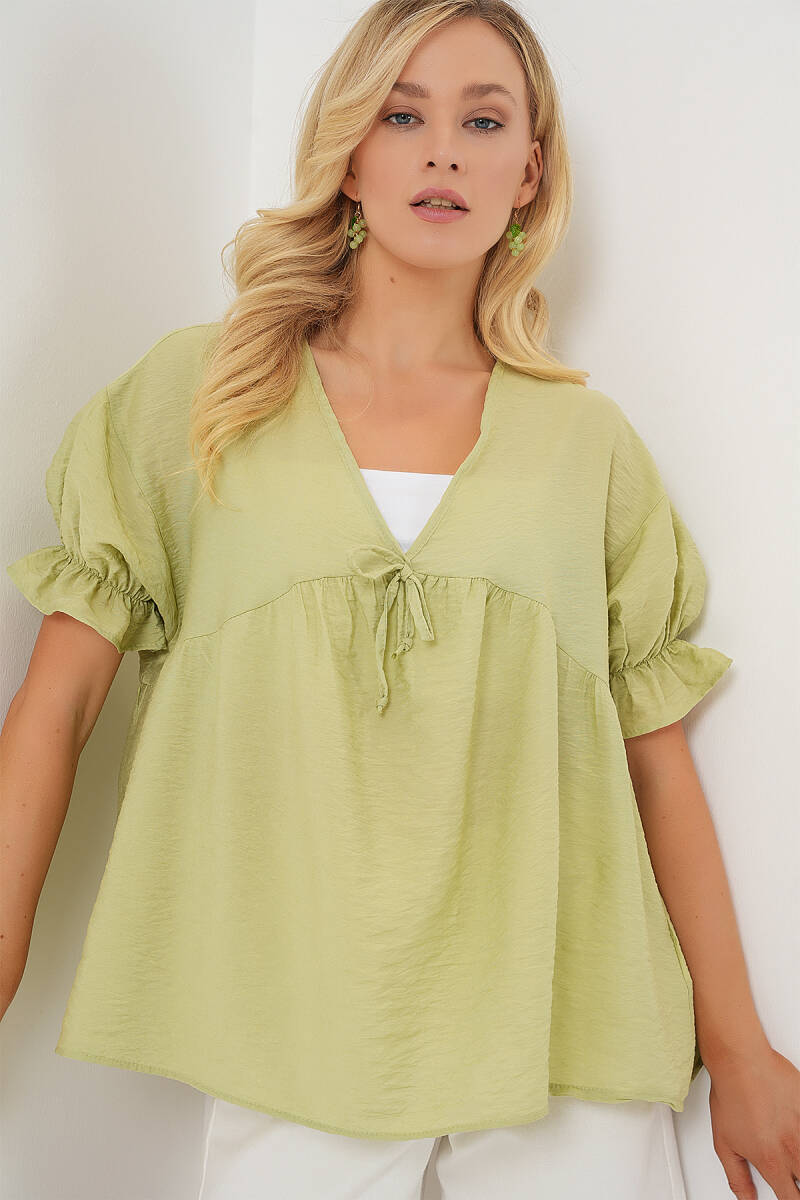 Kadın Önü Bağcıklı Kısa Kol Bluz 962 - E.Yeşil - BİGDART