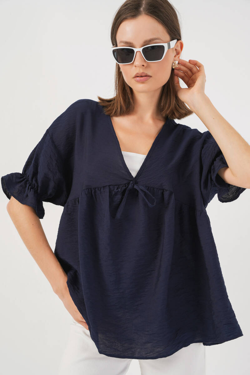 Kadın Önü Bağcıklı Kısa Kol Bluz 962 - Lacivert - BİGDART