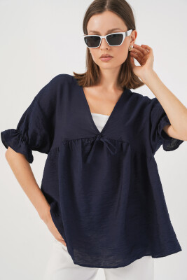 Kadın Önü Bağcıklı Kısa Kol Bluz 962 - Lacivert 