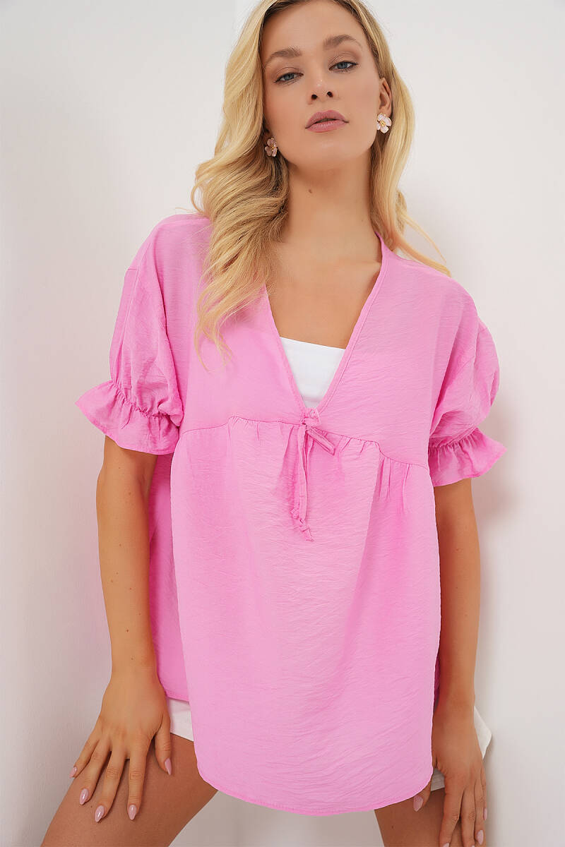 Kadın Önü Bağcıklı Kısa Kol Bluz 962 - Pembe - BİGDART