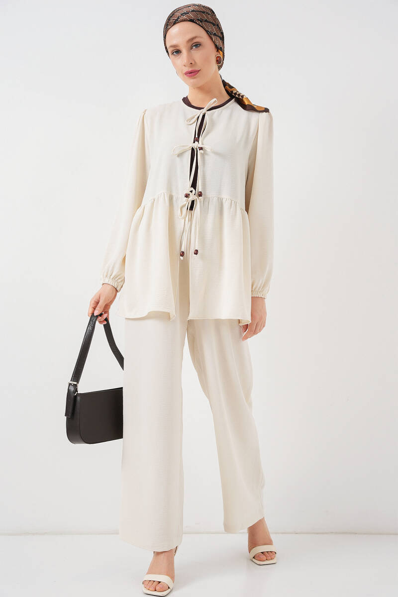 Kadın Önü Bağcıklı Tunik Pantolon İkili Takım 6744 - Ekru - BİGDART